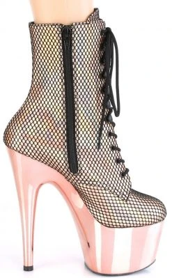Pleaser Pole Shoes ADORE-1020 Rose Gold Holo Fishnet Ankle Boots