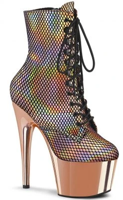 Pleaser Pole Shoes ADORE-1020 Rose Gold Holo Fishnet Ankle Boots