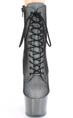 Pleaser Pole Shoes ADORE-1020 Silver & Pewter Holo Fishnet Ankle Boots
