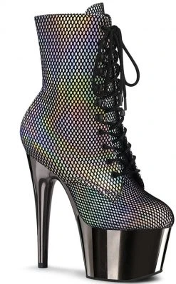 Pleaser Pole Shoes ADORE-1020 Silver & Pewter Holo Fishnet Ankle Boots