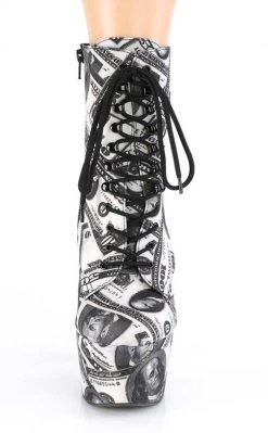 Pleaser Pole Shoes ADORE-1020 White/Black Money Print Ankle Boots