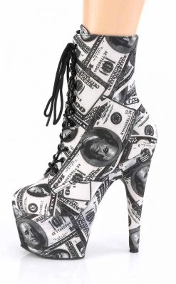 Pleaser Pole Shoes ADORE-1020 White/Black Money Print Ankle Boots