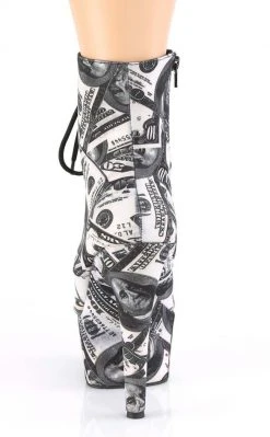 Pleaser Pole Shoes ADORE-1020 White/Black Money Print Ankle Boots