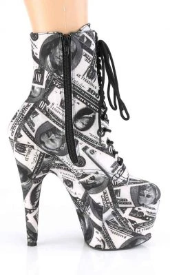 Pleaser Pole Shoes ADORE-1020 White/Black Money Print Ankle Boots