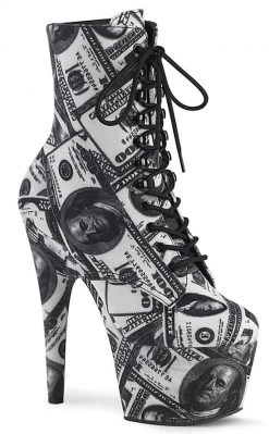 Pleaser Pole Shoes ADORE-1020 White/Black Money Print Ankle Boots