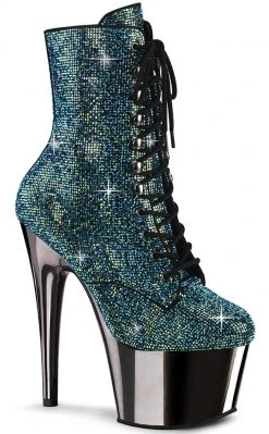 Pleaser ADORE-1020CHRS Turquoise Rhinestone/Pewter Chrome Ankle Boots Pole Shoes
