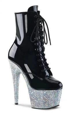Pleaser ADORE-1020LG Black Silver Multi Glitter Ankle Boots