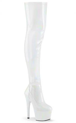 Pleaser ADORE-3000 White Holo Thigh High Boots
