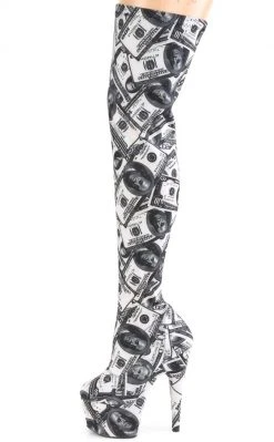 Pleaser ADORE-3000DP Money Print Thigh High Boots Pole Shoes