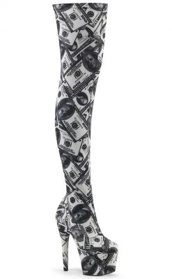 Pleaser ADORE-3000DP Money Print Thigh High Boots Pole Shoes