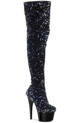 Pleaser Pole Shoes ADORE-3020 Black Sequin Thigh High Boots