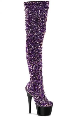 Pleaser ADORE-3020 Purple Sequin Thigh High Boots Pole Shoes