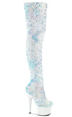 Pleaser ADORE-3020 White Sequin Thigh High Boots