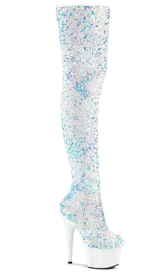 Pleaser ADORE-3020 White Sequin Thigh High Boots 3 Pleaser ADORE-3020 White Sequin Thigh High Boots