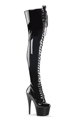Pleaser ADORE-3023 Blk Str Pat/Blk Thigh High Boots