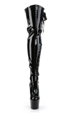 Pleaser ADORE-3050 Blk Str Pat/Blk Thigh High Boots Pole Shoes