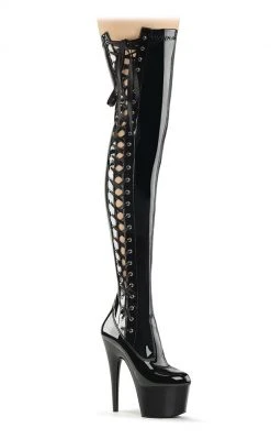 Pleaser ADORE-3050 Blk Str Pat/Blk Thigh High Boots Pole Shoes