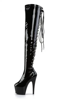 Pleaser ADORE-3063 Blk Str Pat/Blk Thigh High Boots