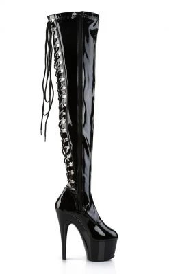 Pleaser ADORE-3063 Blk Str Pat/Blk Thigh High Boots