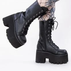 Demonia ASHES-105 Black Vegan Leather Platform Combat Boots Shoes