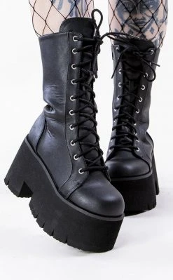 Demonia ASHES-105 Black Vegan Leather Platform Combat Boots Shoes