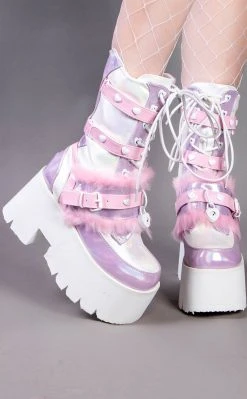 Demonia ASHES-120 Baby Pink & Lavender Holo Platform Boots (AU Stock) Shoes