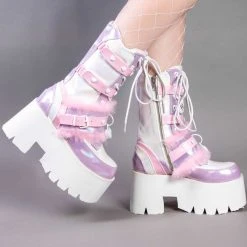 Demonia Shoes ASHES-120 Baby Pink & Lavender Holo Platform Boots