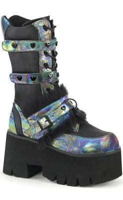 Demonia ASHES-120 Black & Green Multi Oil Slick Platform Boots