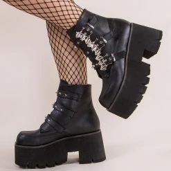 Demonia ASHES-55 Black Vegan Leather Bat Buckle Platform Ankle Boots (AU Stock)