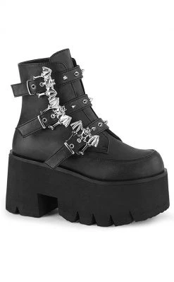 Demonia ASHES-55 Black Vegan Leather Bat Buckle Platform Ankle Boots (AU Stock)