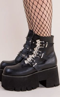 Demonia ASHES-55 Black Vegan Leather Bat Buckle Platform Ankle Boots