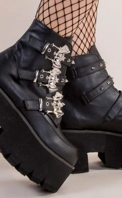 Demonia ASHES-55 Black Vegan Leather Bat Buckle Platform Ankle Boots