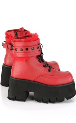 Demonia ASHES-57 Red Vegan Leather Cuff Platform Ankle Boots Shoes