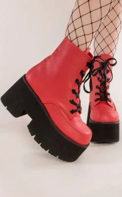 Demonia ASHES-57 Red Vegan Leather Cuff Platform Ankle Boots Shoes