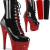 Pleaser Pole Shoes BEJEWELED-1020FH-7 Black & Red Holo/Red Rhinestone Boots