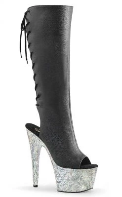 Pleaser BEJEWELED-2018-7 Black Matte/Silver Rhinestone Knee Boots Pole Shoes