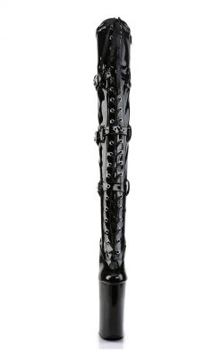 Pleaser BEYOND-3028 Black Stretch Patent Thigh High Boots Pole Shoes