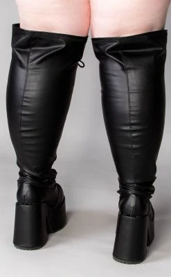 Demonia Plus Size CAMEL-300WC Black Matte Vegan Thigh High Boots | Wide Calf (Au Stock)