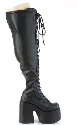 Demonia CAMEL-300WC Black Matte Vegan Thigh High Boots | Wide Calf
