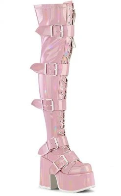 Demonia CAMEL-305 Baby Pink Holo Thigh High Boots (Au Stock)
