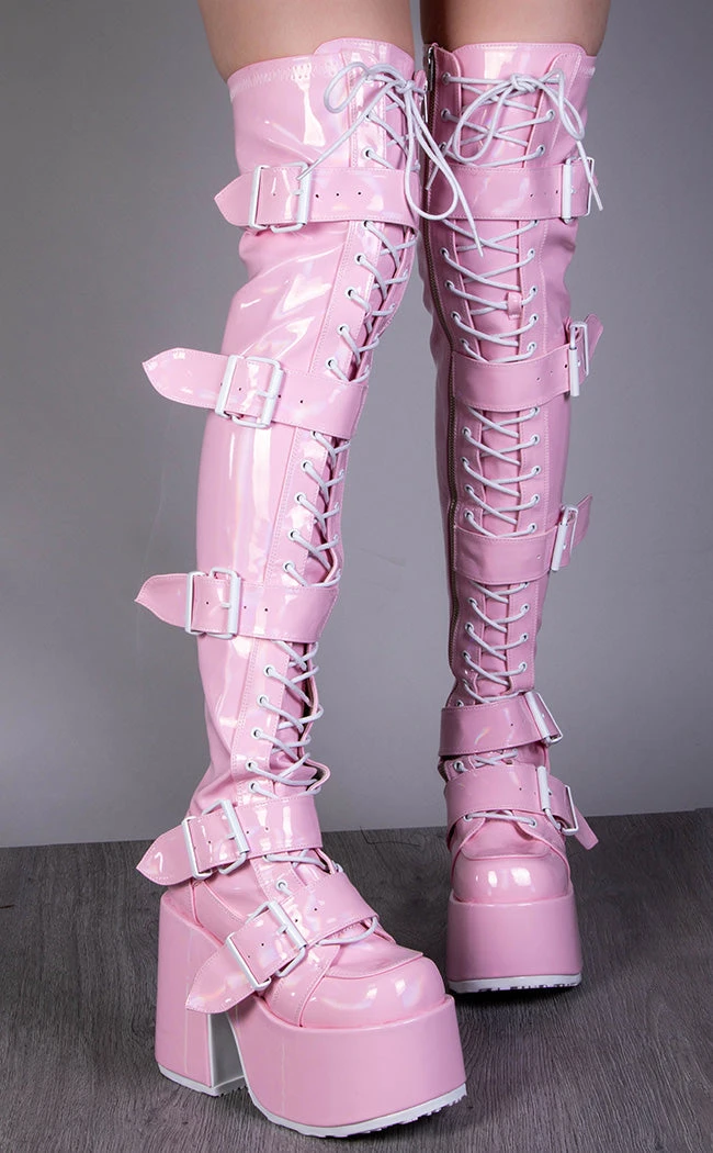 Demonia CAMEL-305 Baby Pink Holo Thigh High Boots Shoes 5 Demonia CAMEL-305 Baby Pink Holo Thigh High Boots Shoes