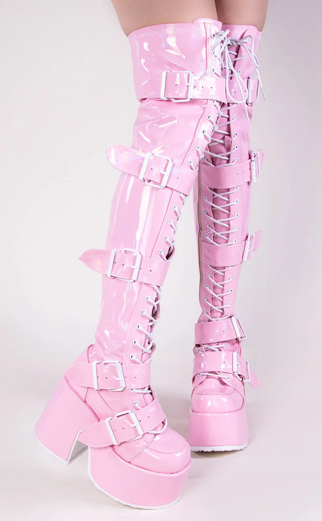 Demonia CAMEL-305 Baby Pink Holo Thigh High Boots Shoes 3 Demonia CAMEL-305 Baby Pink Holo Thigh High Boots Shoes