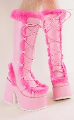 Demonia CAMEL-311 Baby Pink/Hot Pink Fluffy Boots (Au Stock) Shoes