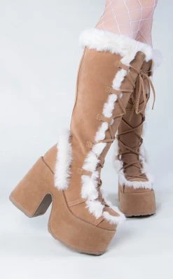 Demonia Shoes CAMEL-311 Camel Fluffy Faux Suede Boots