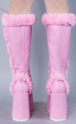 Demonia CAMEL-311 Pastel Pink Fluffy Boots Shoes