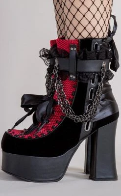 Demonia CHARADE-110 Black/Red Velvet Boots Shoes