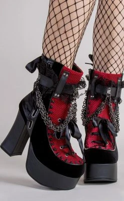 Demonia CHARADE-110 Black/Red Velvet Boots Shoes