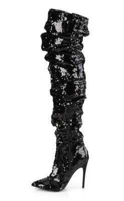 Pleaser COURTLY-3011 Black Sequin Thigh High Boots