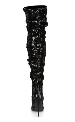 Pleaser COURTLY-3011 Black Sequin Thigh High Boots