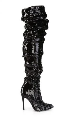 Pleaser COURTLY-3011 Black Sequin Thigh High Boots